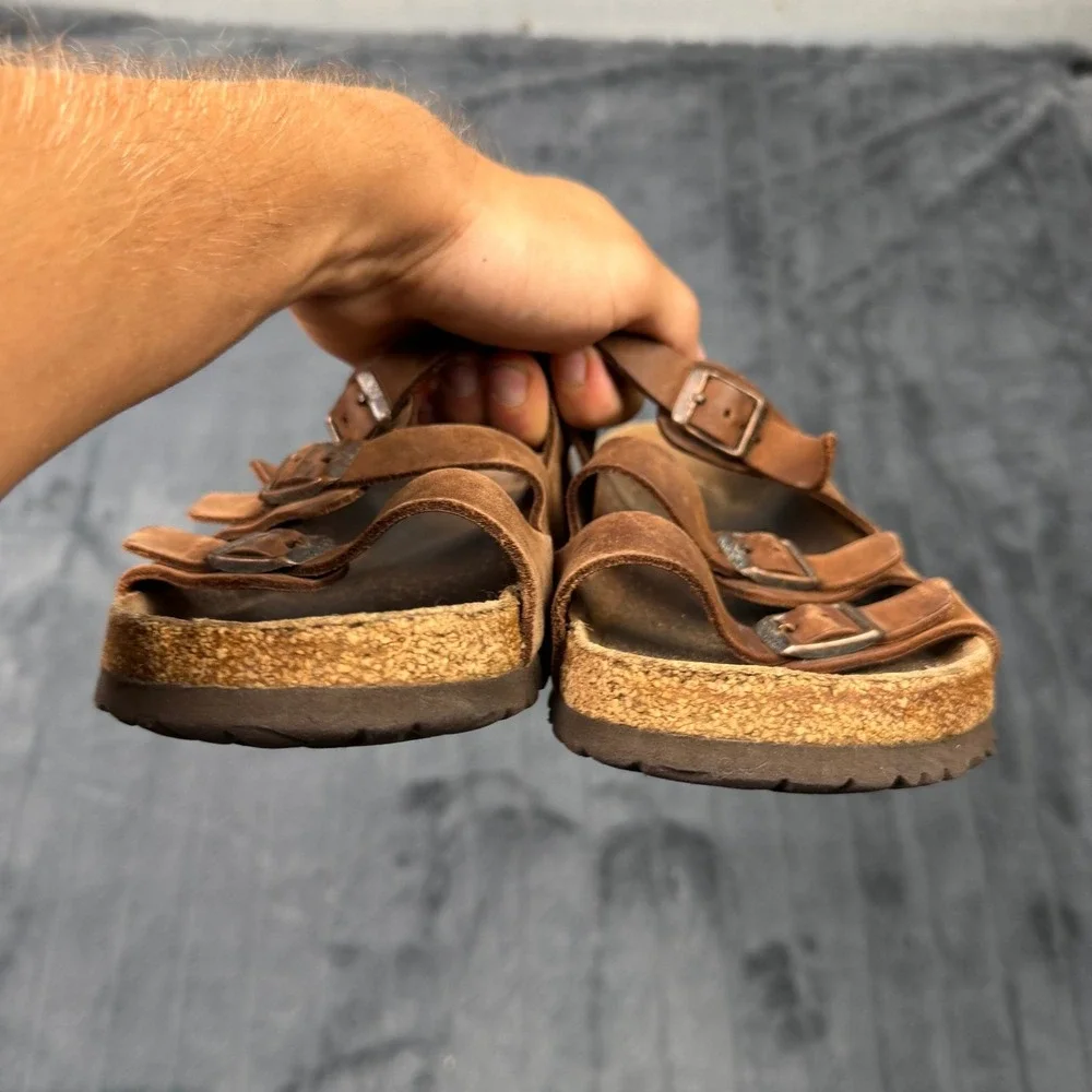 Birkenstock Pisa Oiled Leather Sandals Tobacco Brown Multi Strap Mens 41 US 8